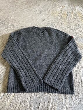 Vintage Abercrombie & Fitch Shetland wool sweater Gray Rib Sleeve v neck large
